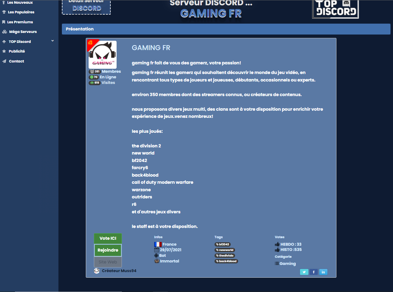 Page détail du serveur Discord "GAMING FR" sur DiscordL.org