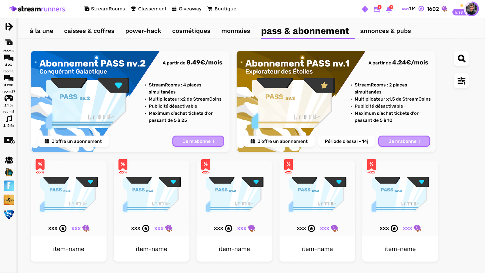 Page forfait de Stream Runners