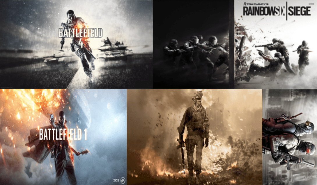 Image jeux : Splinter Cell, Battlefield, Call of Duty, Rainbow six siege